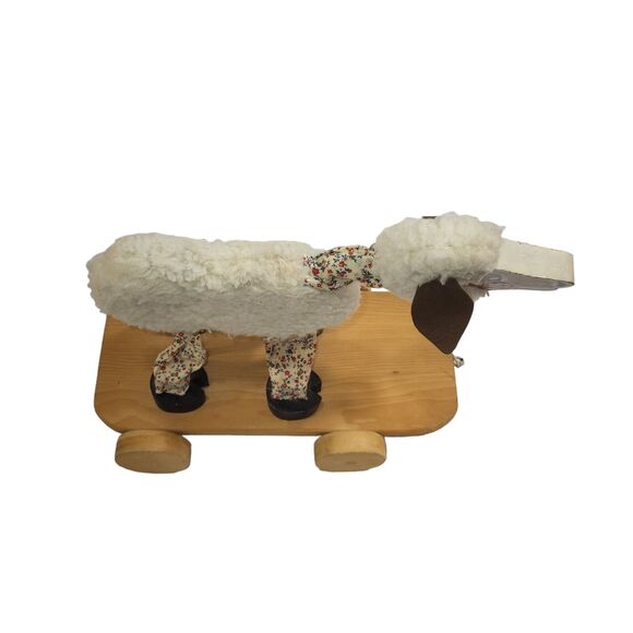 Vintage Wooden Painted Lamb Sheep Pull Toy Wheels Handmade Folk Art 1981 12" - Picture 8 of 16